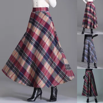 Naiste Mood Vintage Ruuduline Trükitud Tweed Line Seelik Mitmekülgsed Vabaaja Kaua Pool Keha Seelik Lahti Pluss Suurus Pool Keha Seelik