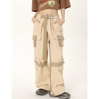 Cargo Püksid Naiste Hall Streetwear Kõrge Vöökoht Lai Jalg Püksid Kontrastseid Värve, Aprikoosi-Vintage Naiste Sügis Pikad Püksid