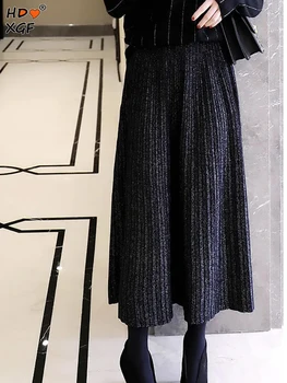 Korea Fashion Must Hele Silk Üle-põlve Seelik Naiste Elastne Kõrge Vöökoht Plisseeritud Midi Seelik Elegantne Kõik-match-line Seelikud