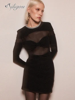 Ailigou 2024 Uus Suvine Naiste Must Seksikas Pika varrukaga, kanna Luksus Teemant Vibu Silma Pingeline Mini Sidemega Kleit Elegantne Pool Kleit