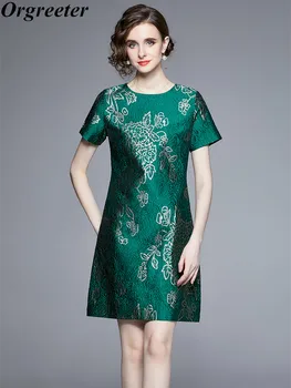 Stiilne Vintage Tikand, Kuld Lilled Jacquard-line Lühike Kleit Naistele, Ema Kingitus Elegantne O-kaelus Roheline Mini Kleit