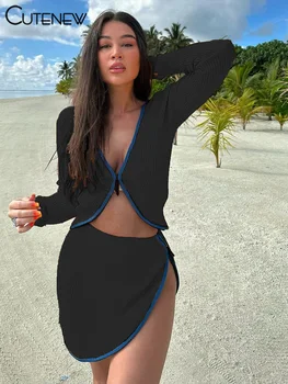 Cutenew Naiste Segast Kahe-osaline Komplekt, Tõmblukk Pikkade Varrukatega V-kaeluse Top Coat+Hip Slim Plisseeritud Pikk Seelik Streetwear Kleit Ülikond