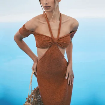 Maha Õla Silmkoelised Maxi Kleidid Naistele Suvel 2021 Puhkust Seksikas Pidu Lõigatud Backless Bodycon Beach Pikk Kleit Yuqung