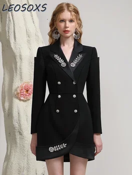 Elegantne Bleiser Kleit Daamid Sügisel ja Talvel, 2023 Uus Naiste Kolmemõõtmeline Rhinestone Talje Näita Õhuke Must Ülikond Kleidid
