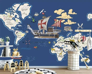 WELLYU Tapeet seinamaaling käega tõmmatud piraattarkvara laeva kaart multikas lastele ruumi seinamaaling teenetemärgi taust 3d tapeet papier peint 3D