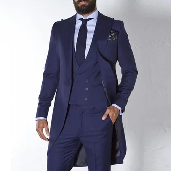 Tumesinine Tailcoat Meeste Ülikonnad, mis on mõeldud Custom Made Pulm Peigmees Tuxedos Pikk Mees Mood Bleiser 3 Tükki Groomsmen Kostüüm 2022